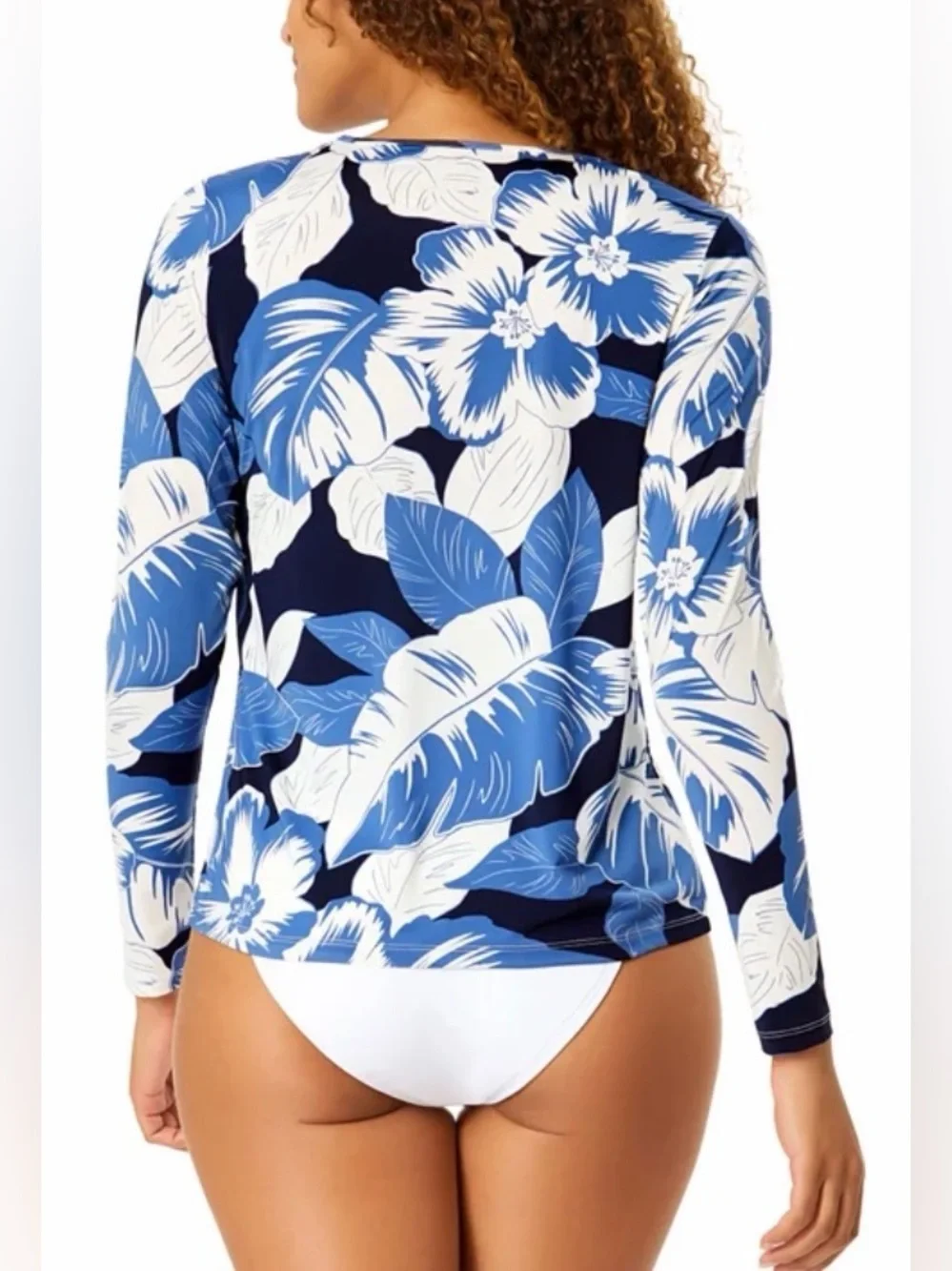 Lands' End White and Blue Floral Long Sleeve Swim Shirt